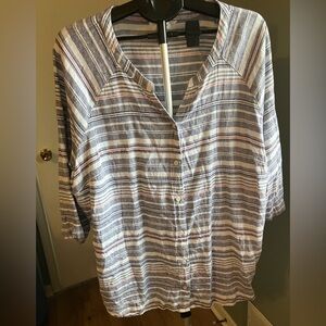 CJ Banks 2X Striped Button Front Top Blue White Lightweight